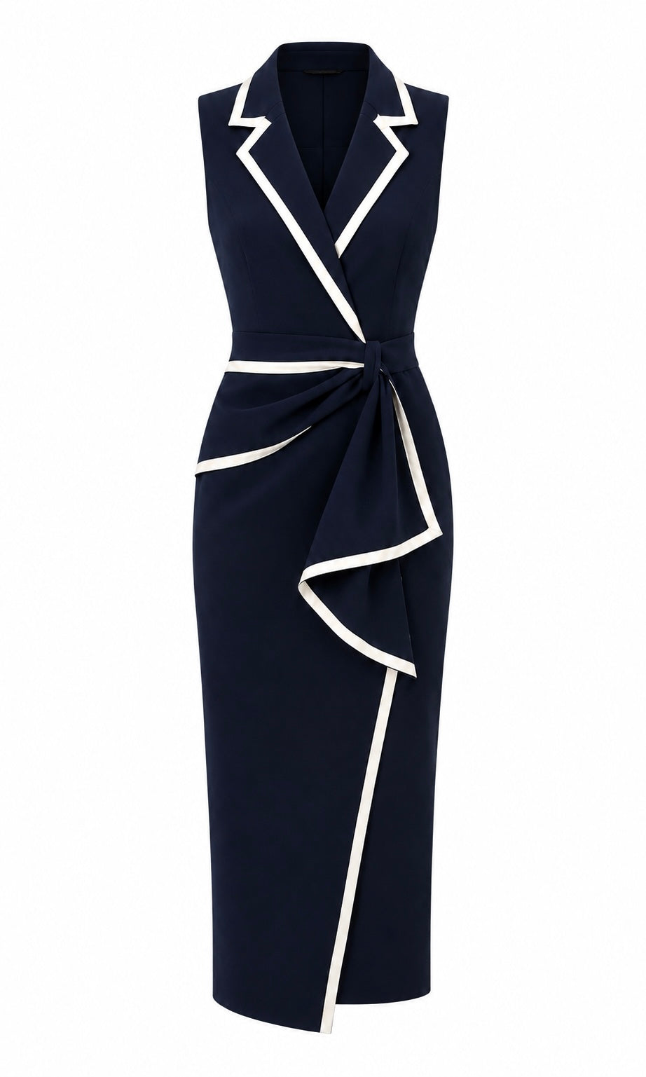Navy Blue Wrap Midi Dress with Contrast Trim