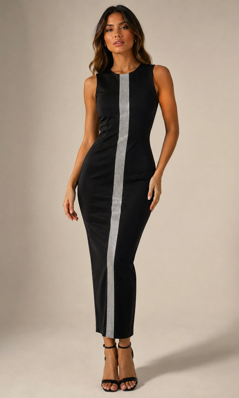 Black Sleeveless Midi Dress with Rhinestone Detail