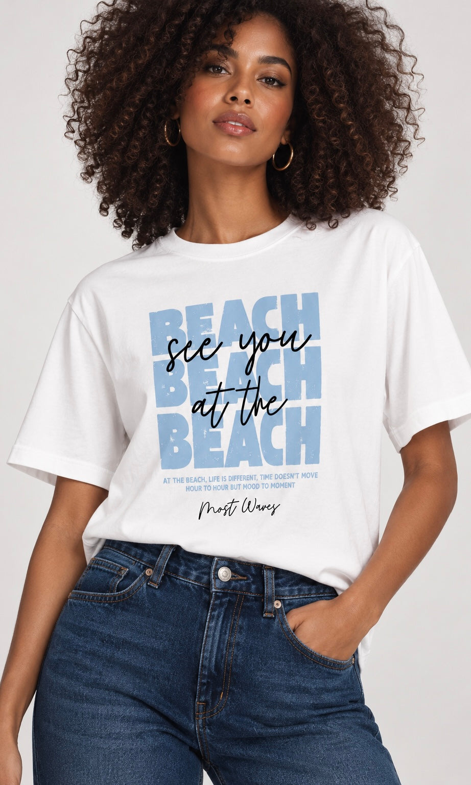 White T-Shirt with Beach Graphic