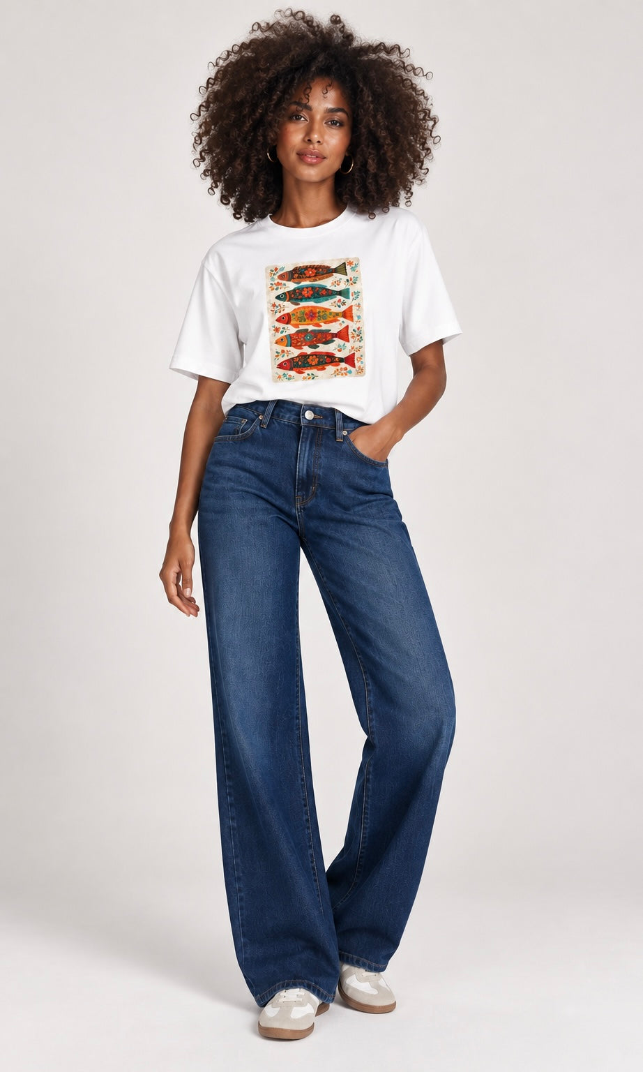 White T-Shirt with Fish Print