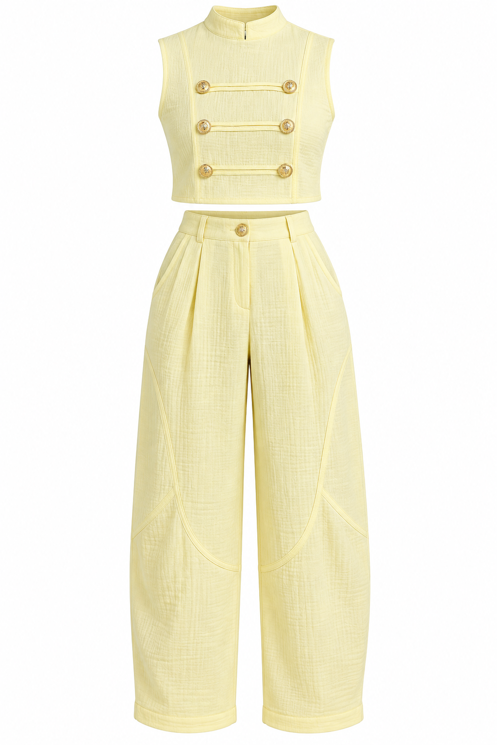 Sleeveless Napoleon-Inspired Top & Barrel-Leg Pants Set