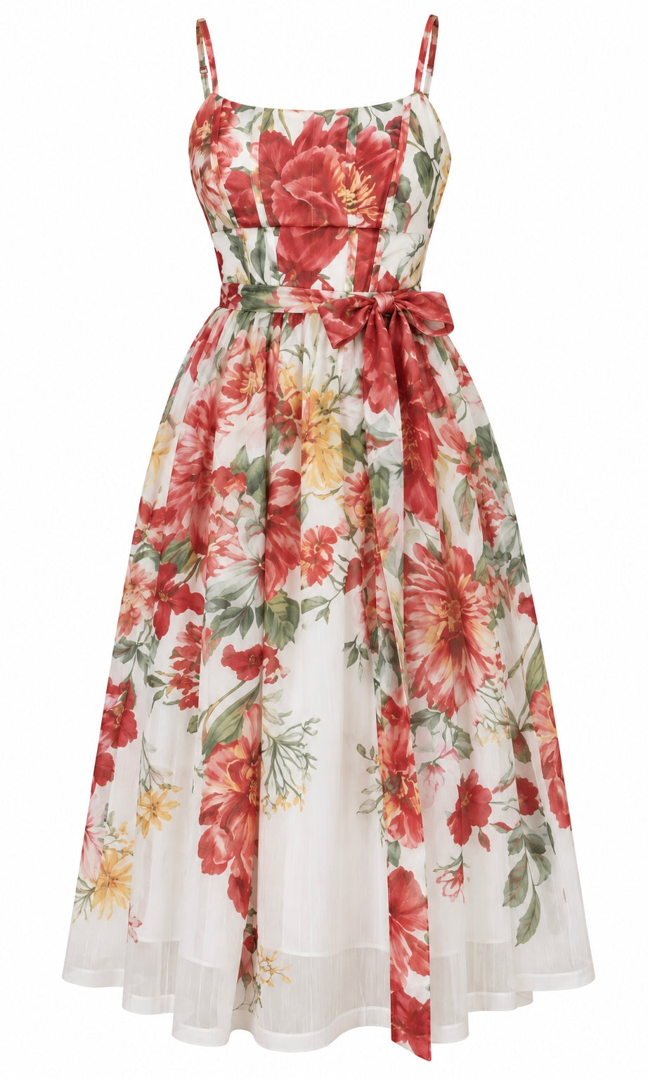 Floral Midi Dress with Straps and Waist Tie