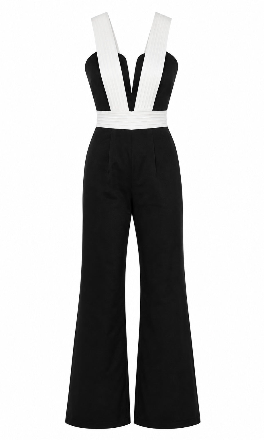 Black & White Wide-Leg Jumpsuit with Pleated Straps