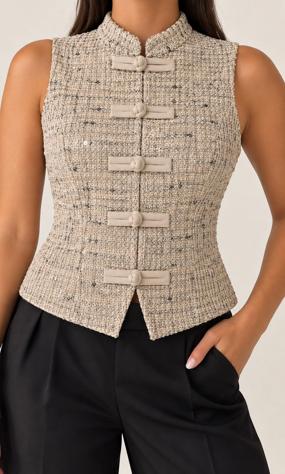 Qipao-Inspired Beige Tweed Vest with Mandarin Collar