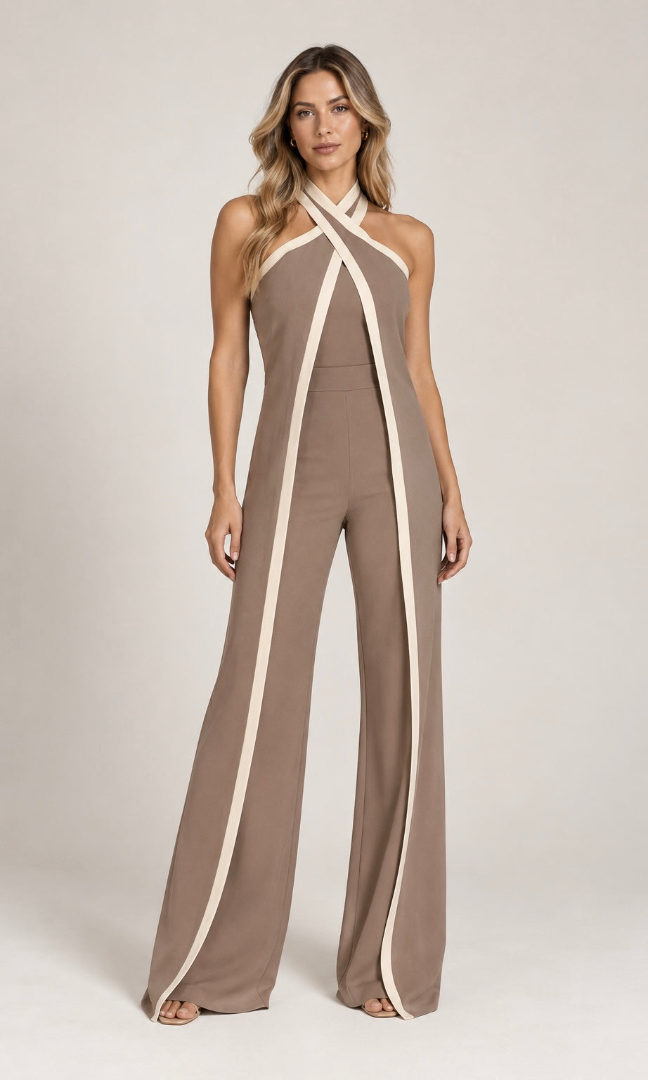 Taupe Halter Jumpsuit with Contrast Trim