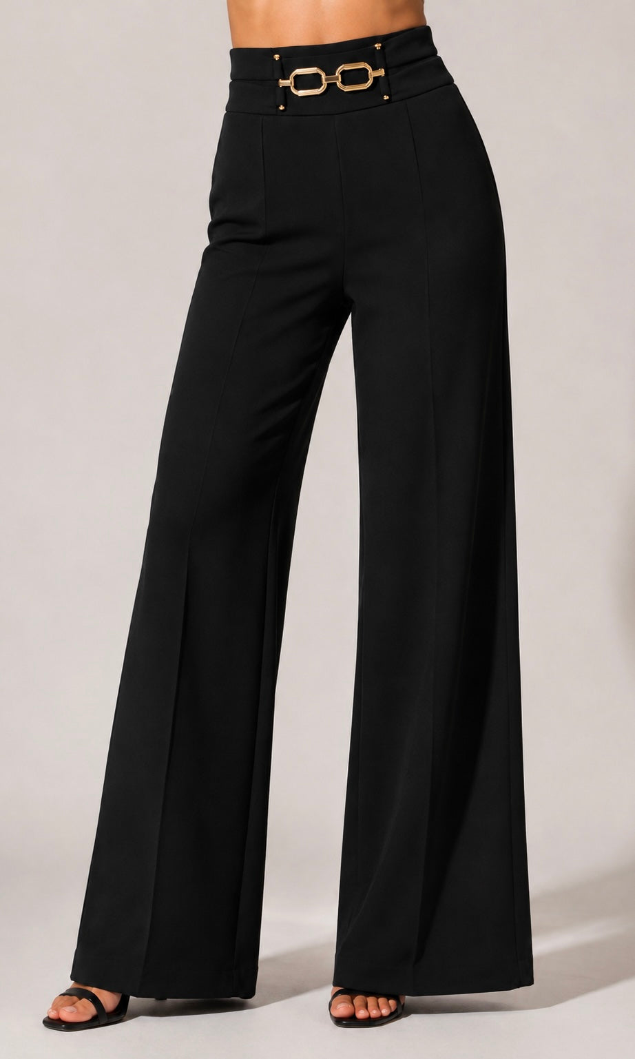 Avery Black Wide-Leg Pants with Gold Buckle