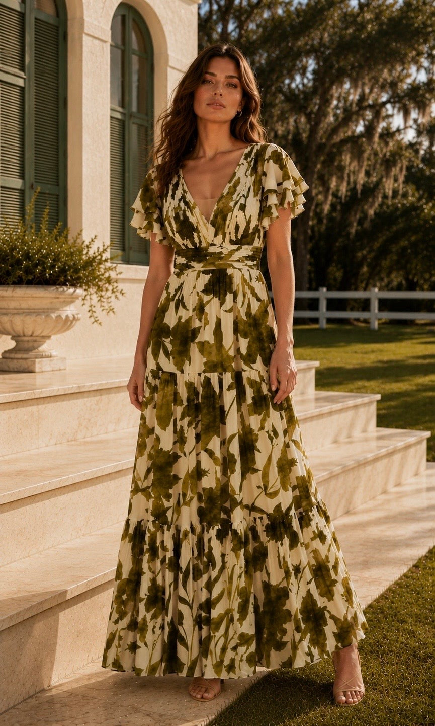 Long Floral Dress with V-Neck and Ruffle Sleeves