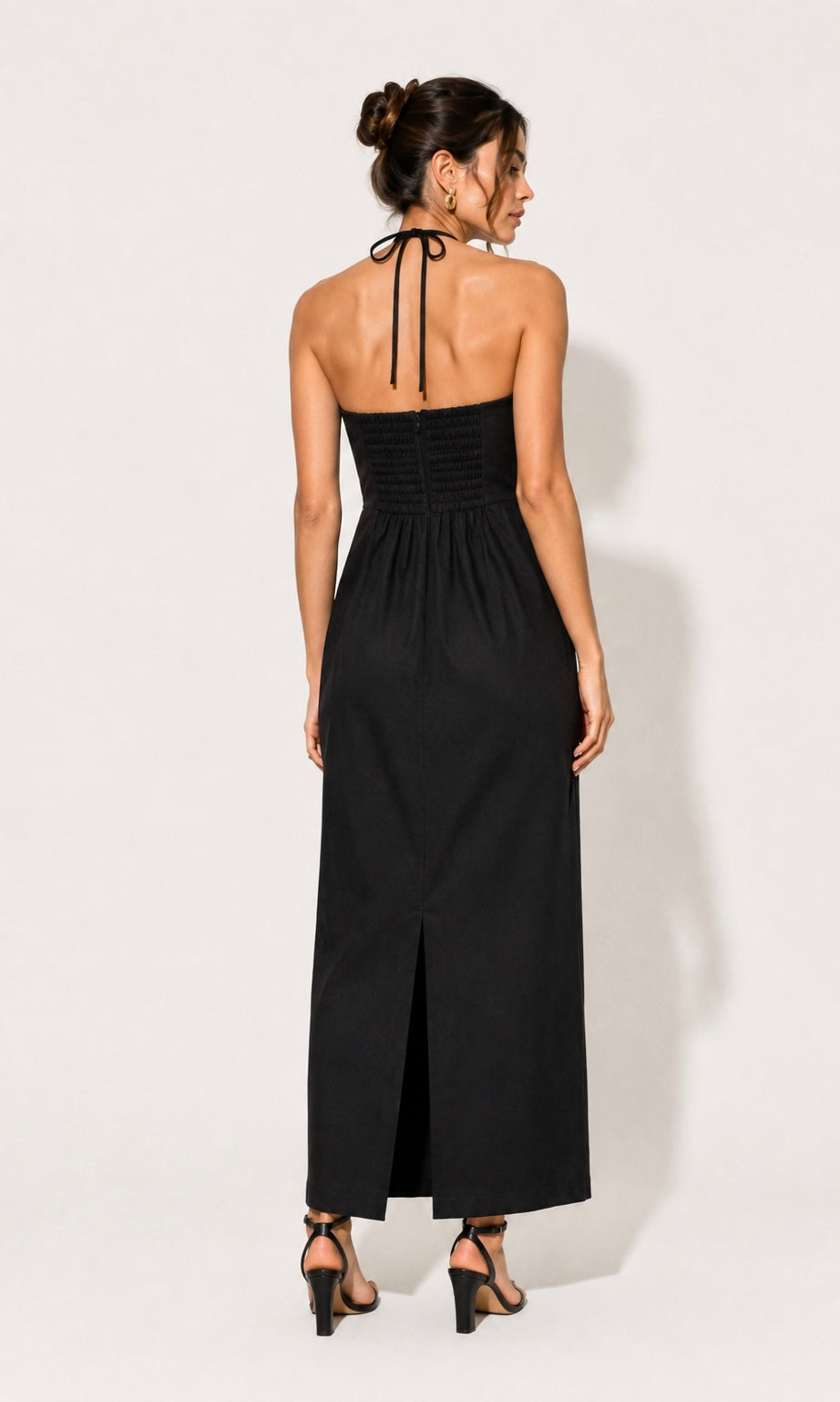 Black Halter Midi Dress with White Graphic Detail