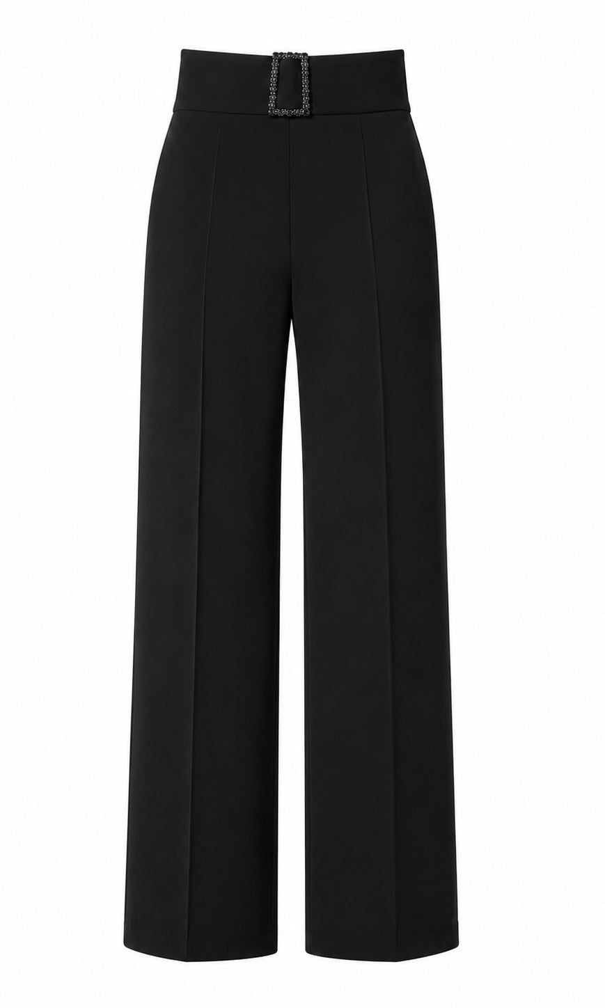 Avery Black Wide-Leg Pants with Rhinestone Buckle