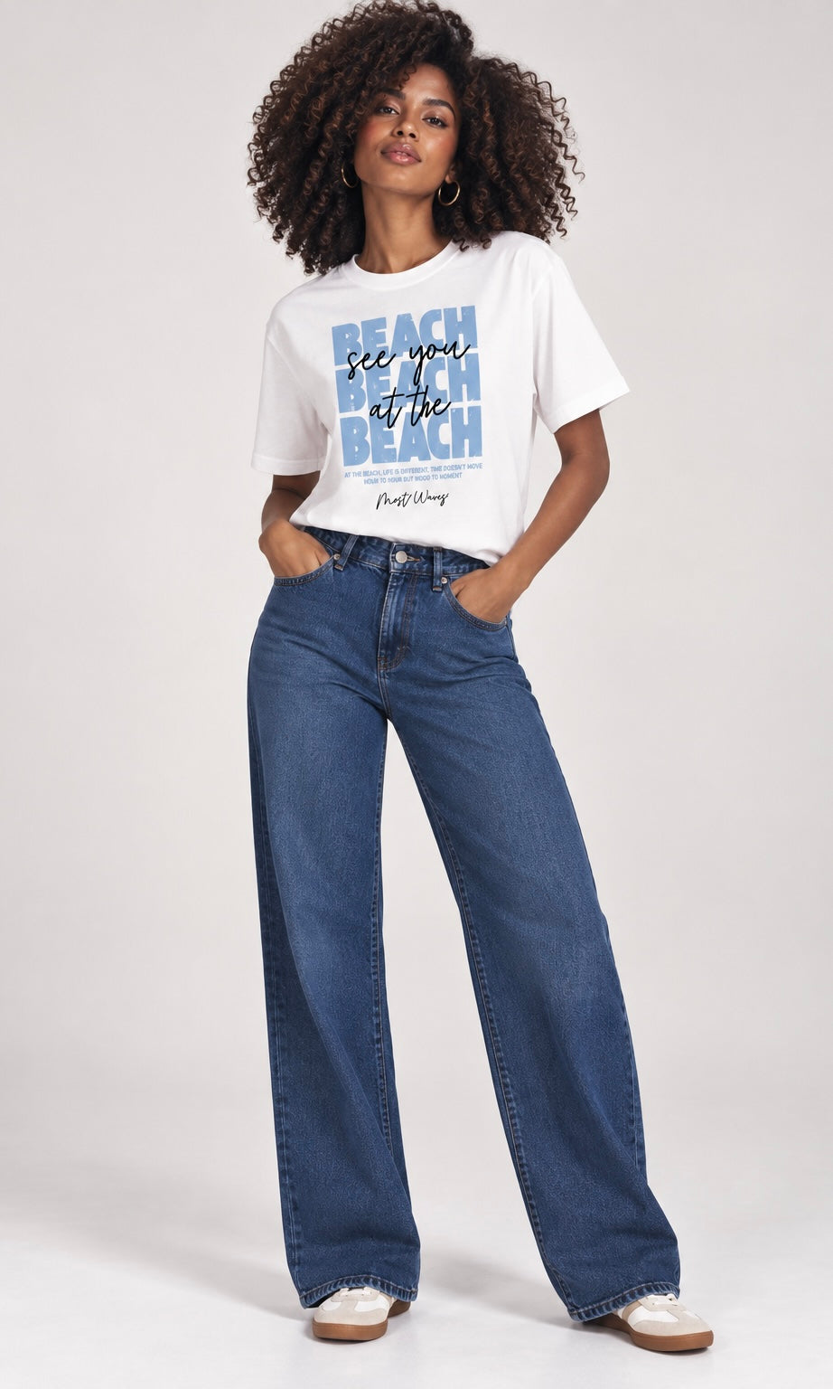 White T-Shirt with Beach Graphic