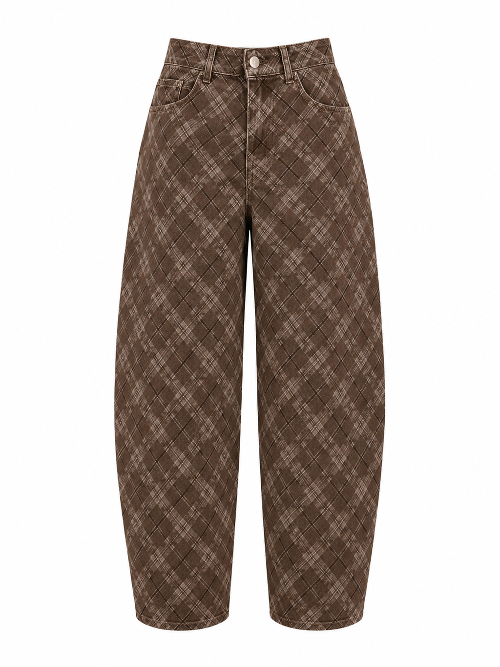 Brown Plaid Barrel Jeans