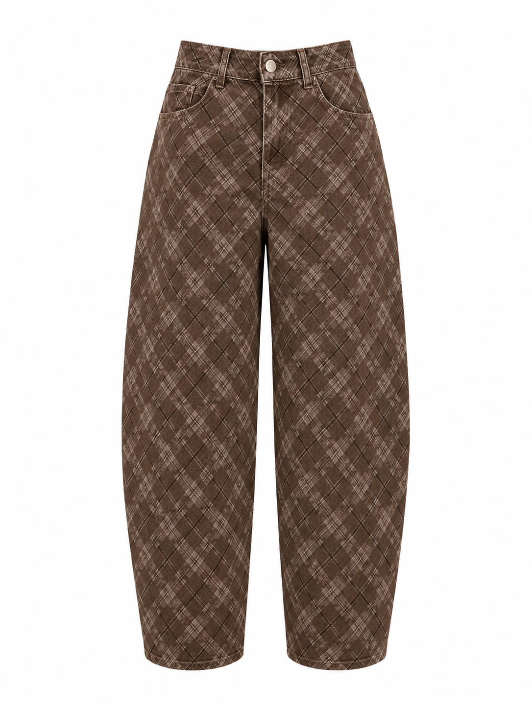 Brown Plaid Barrel Jeans