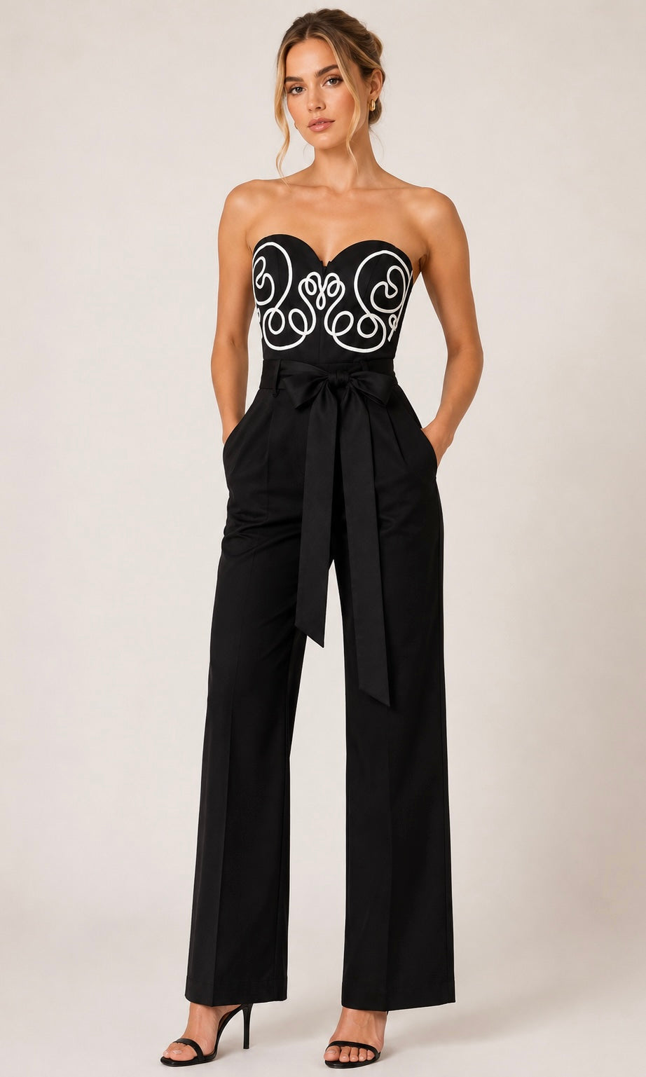 Black Strapless Wide-Leg Jumpsuit with Contrast Detail