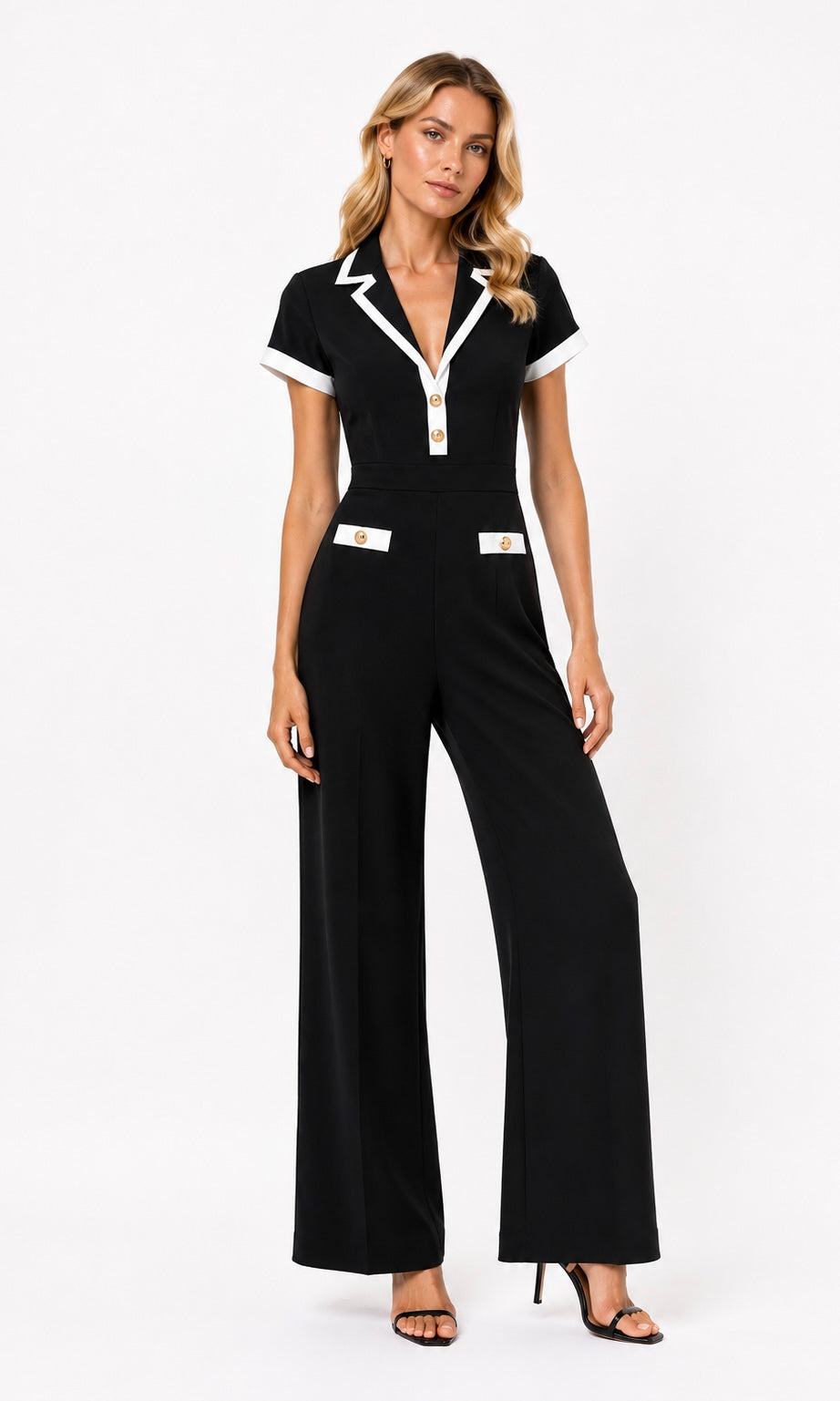 Black Wide-Leg Jumpsuit with White Contrast Trim
