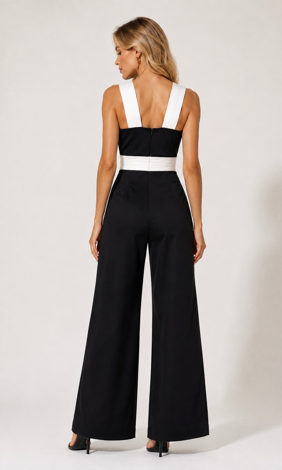 Black & White Wide-Leg Jumpsuit with Pleated Straps