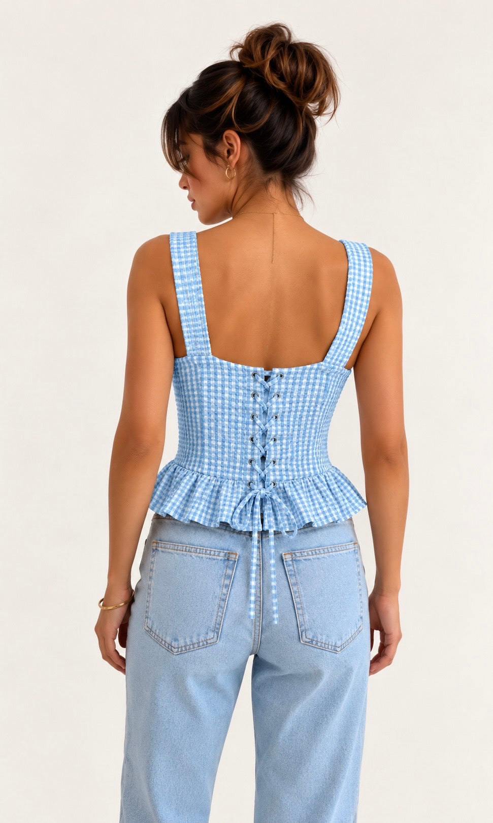 Gingham Peplum Top with Tie Straps