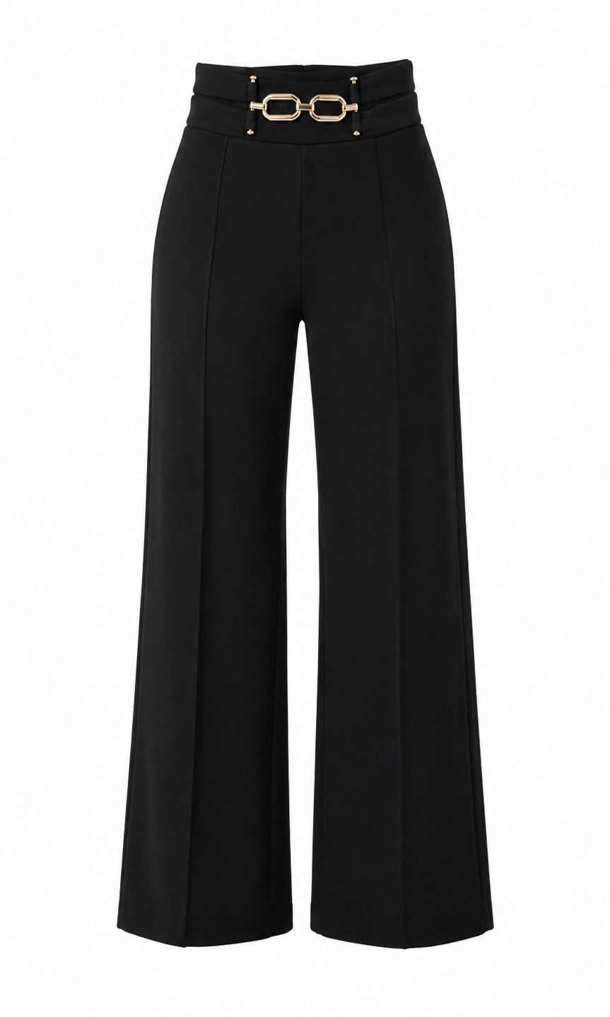 Avery Black Wide-Leg Pants with Gold Buckle