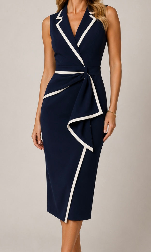 Navy Blue Wrap Midi Dress with Contrast Trim