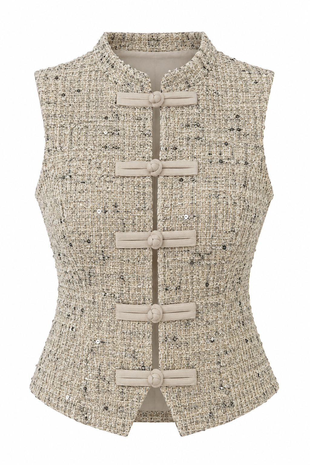 Qipao-Inspired Beige Tweed Vest with Mandarin Collar