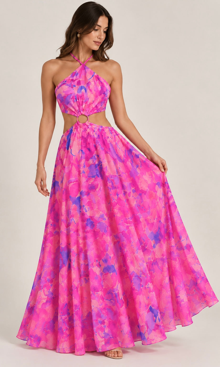 Printed Halter Maxi Dress with Cut-Out