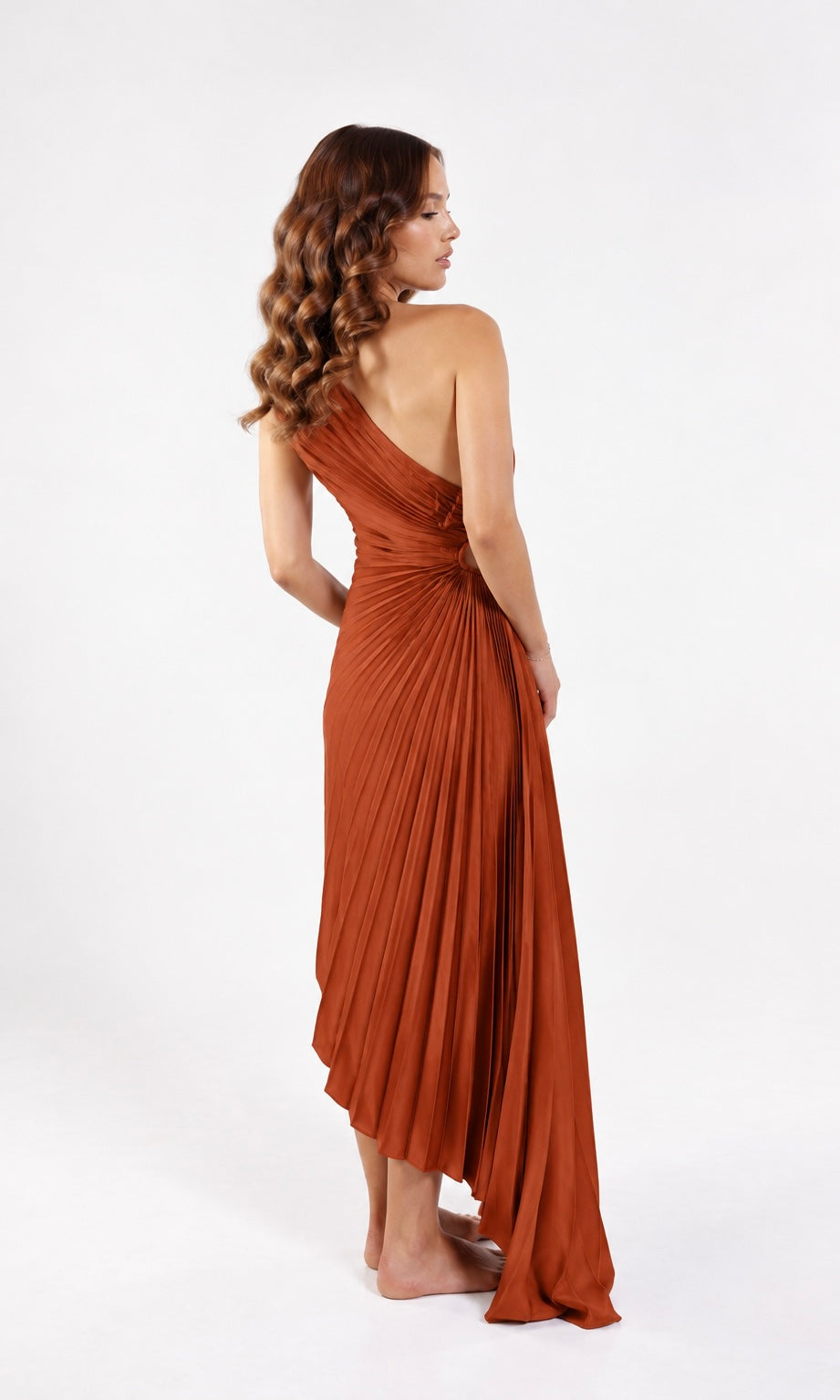 Asymmetrical Pleated Midi Dress with Cut-Out