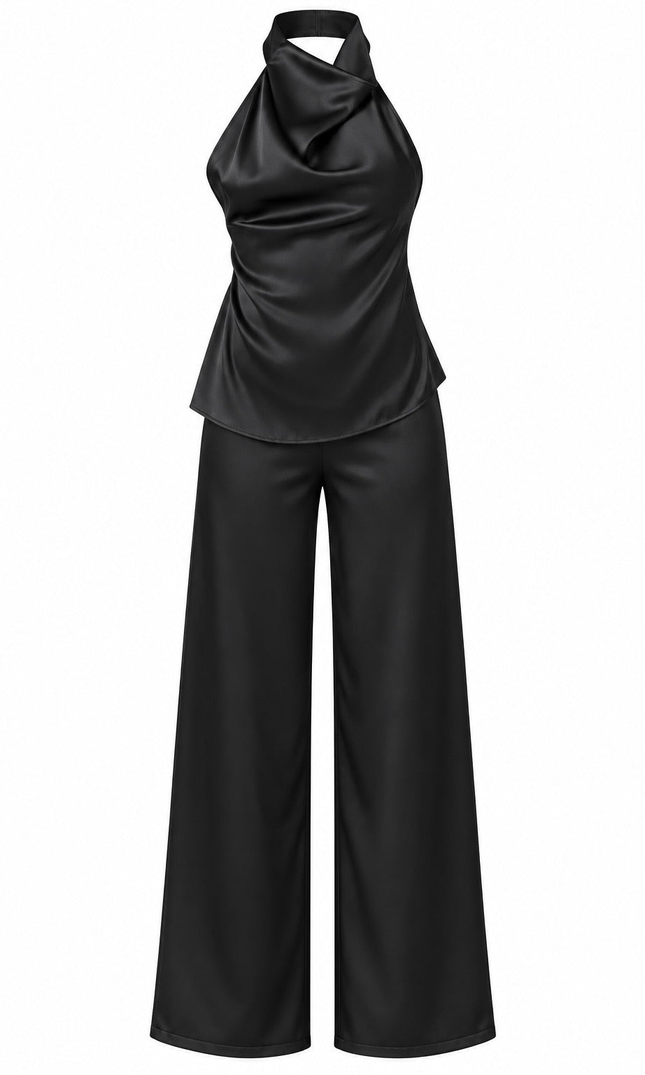 Black Satin Halter Top & Wide-Leg Pants Set