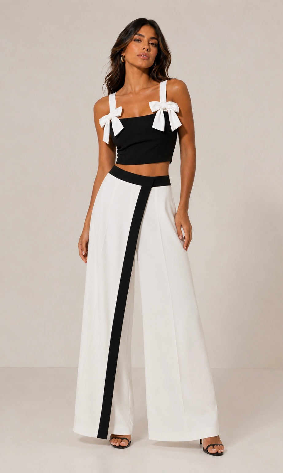 White Wide-Leg Pants with Black Contrast Detail