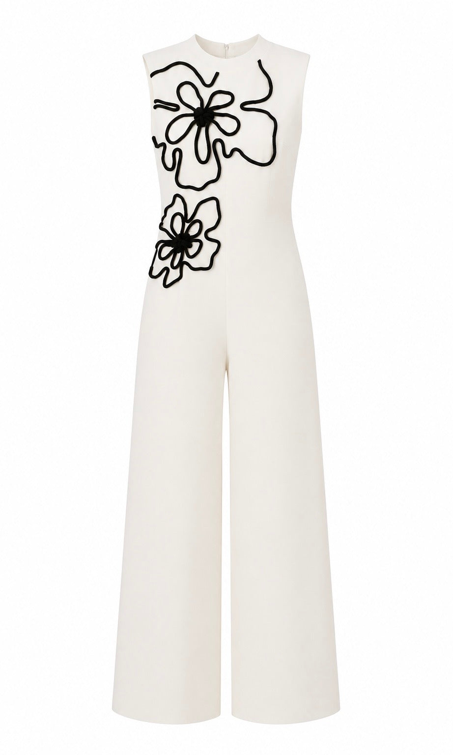 Ivory Wide-Leg Jumpsuit with Black Floral Detail