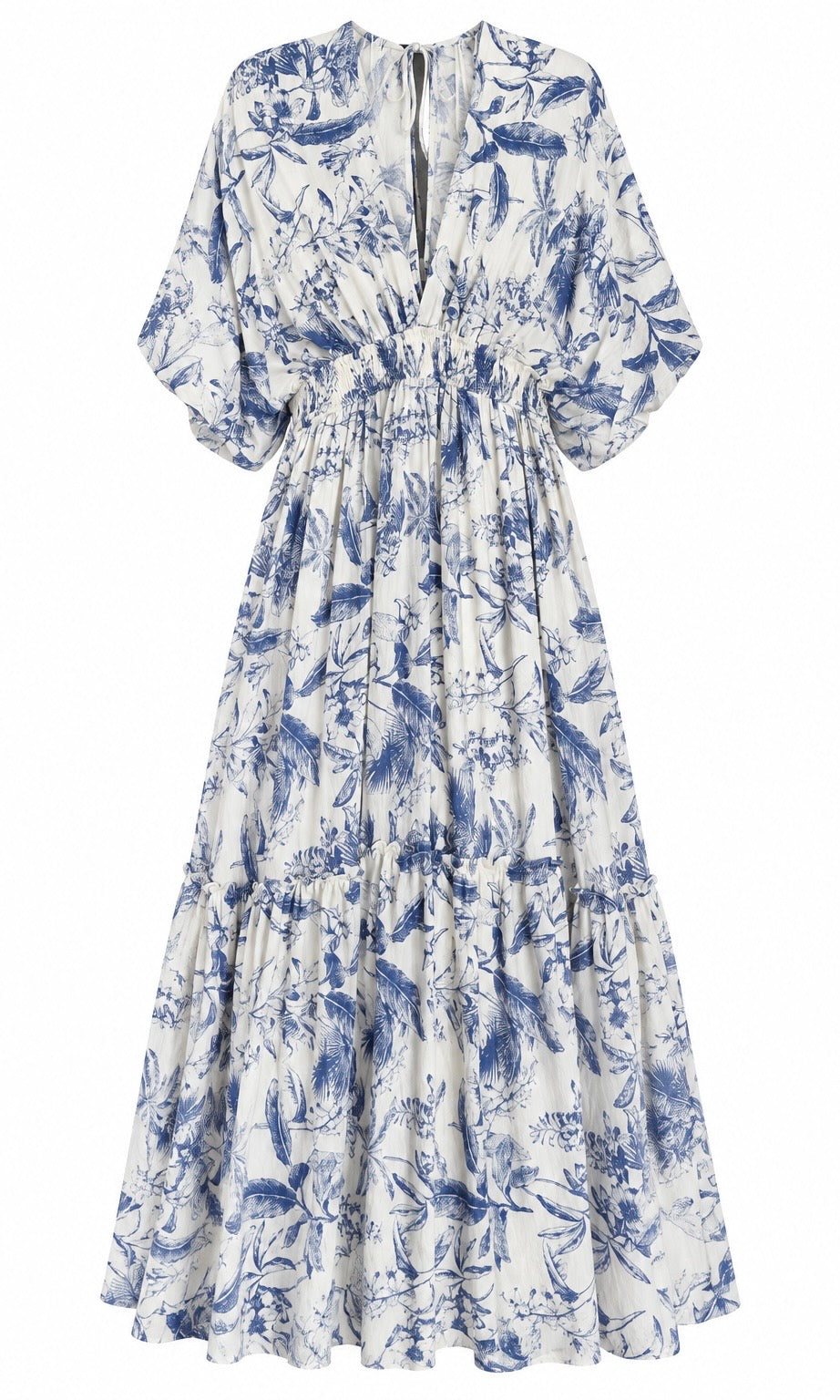 Long Floral Dress with V-Neck and 3/4 Sleeves