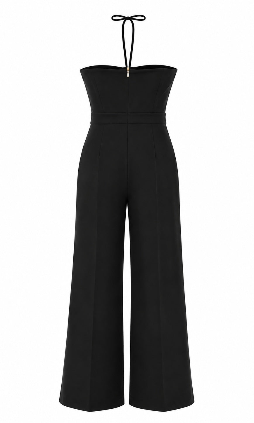 Black Wide-Leg Halter Jumpsuit with Contrast Bust Detail