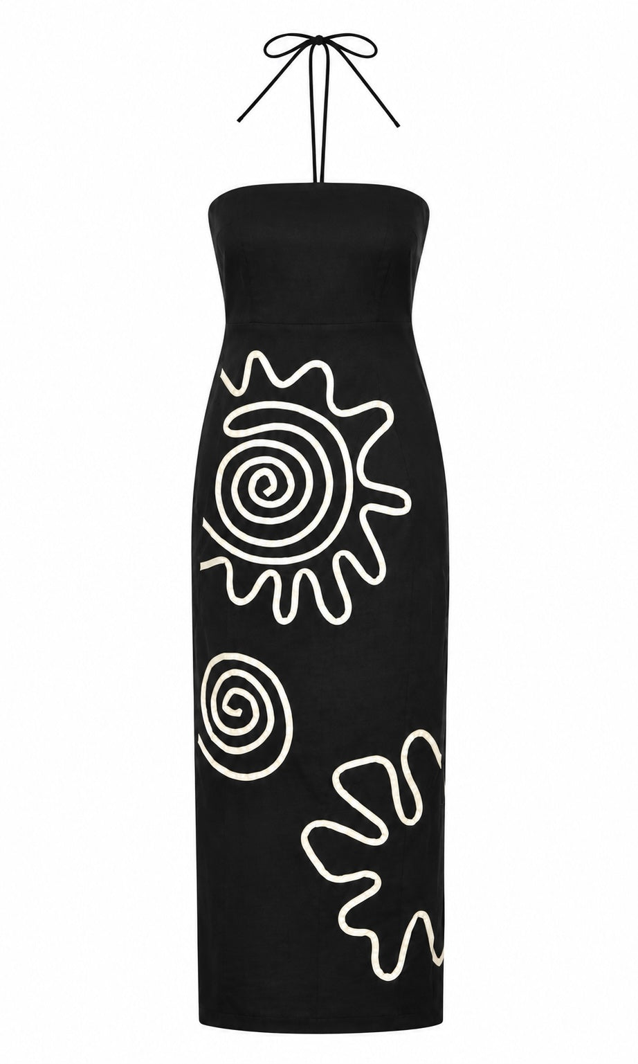 Black Halter Midi Dress with White Graphic Detail