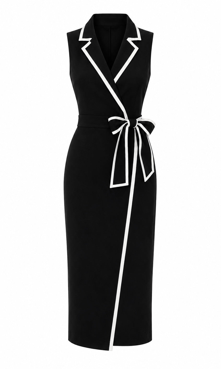 Black Midi Dress with Contrast Trim & Waist Bow