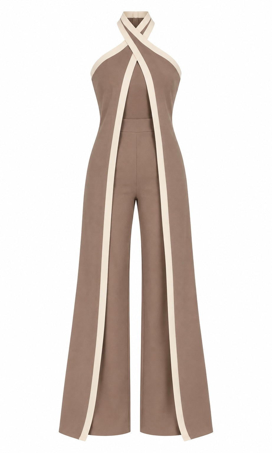 Taupe Halter Jumpsuit with Contrast Trim