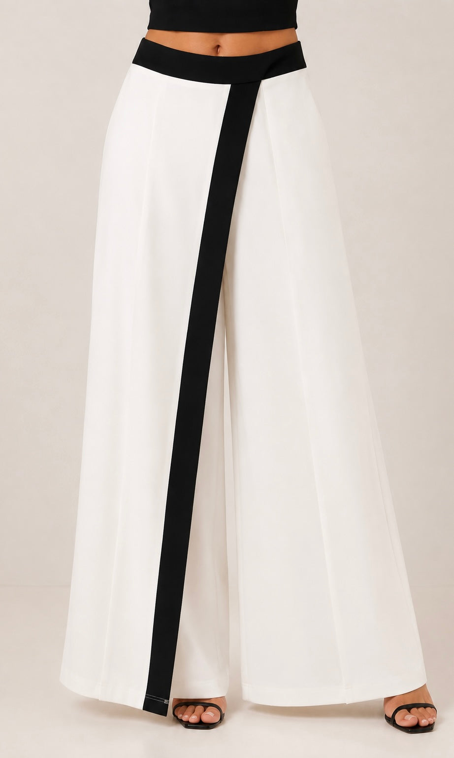 White Wide-Leg Pants with Black Contrast Detail