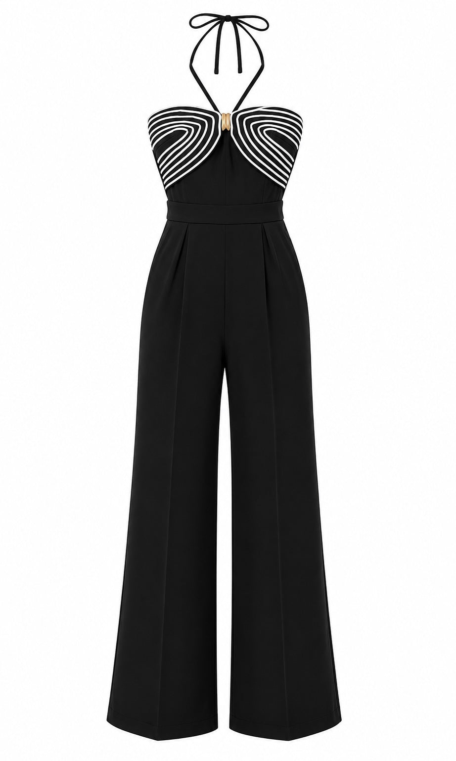 Black Wide-Leg Halter Jumpsuit with Contrast Bust Detail