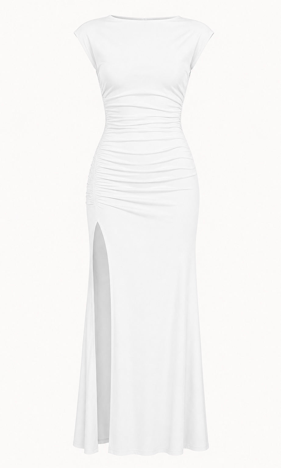 White Ruched Maxi Dress with Open Back & Side Slit