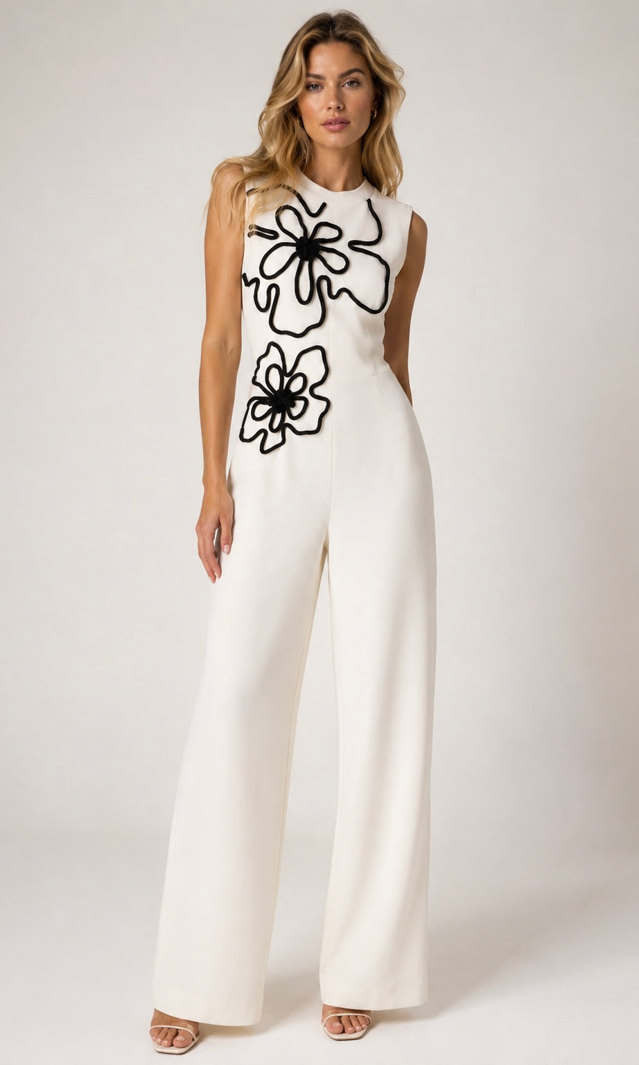 Ivory Wide-Leg Jumpsuit with Black Floral Detail