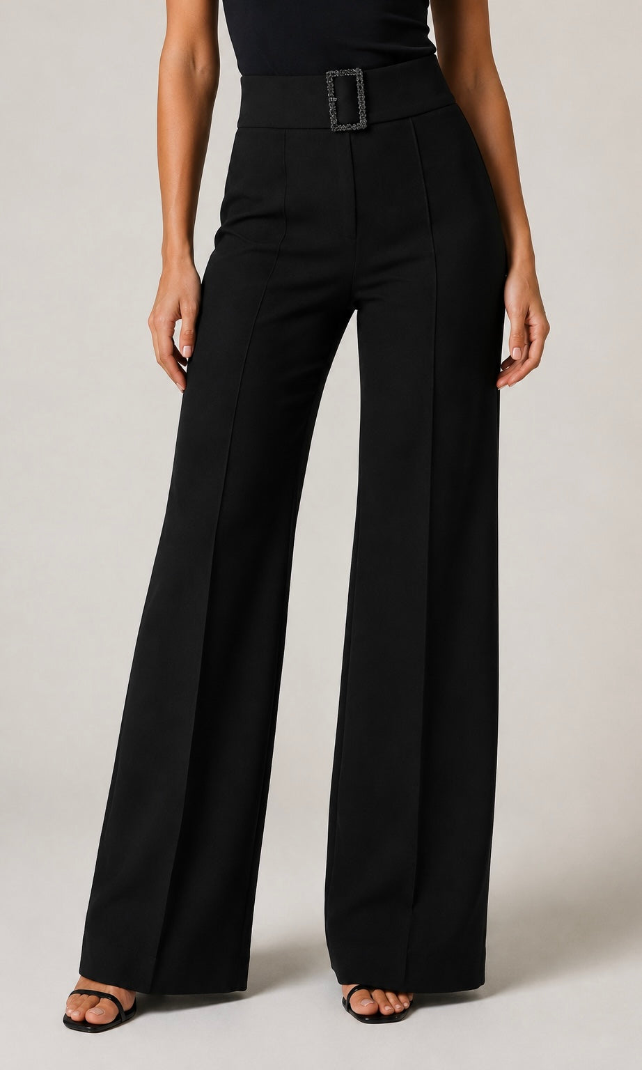 Avery Black Wide-Leg Pants with Rhinestone Buckle