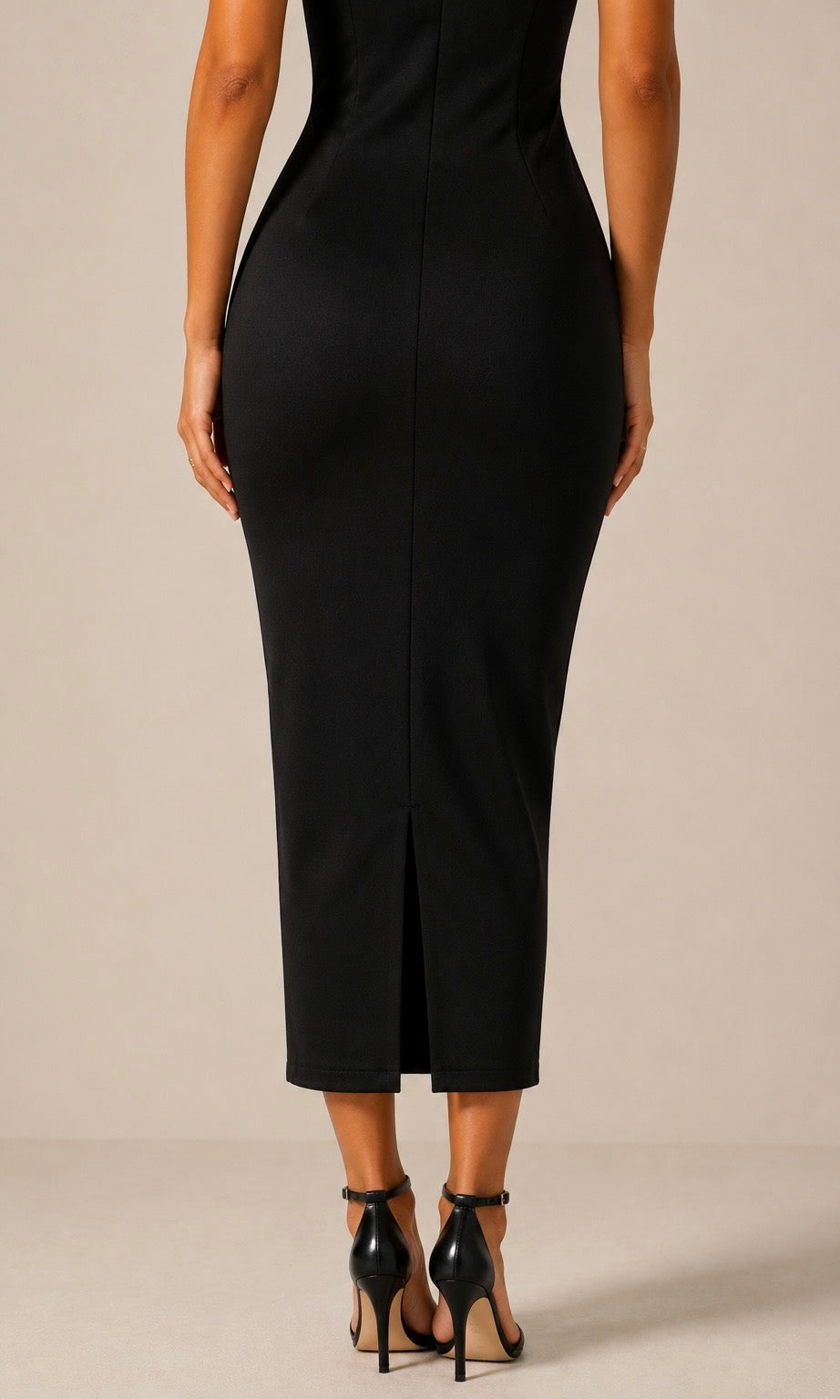Black Sleeveless Midi Dress with Rhinestone Detail
