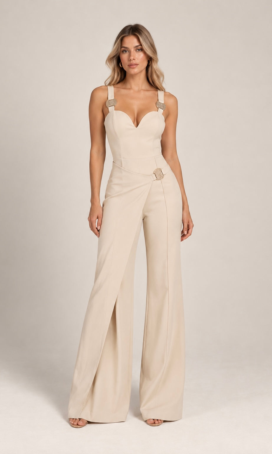 Cream Wide-Leg Jumpsuit with Gold Buckle