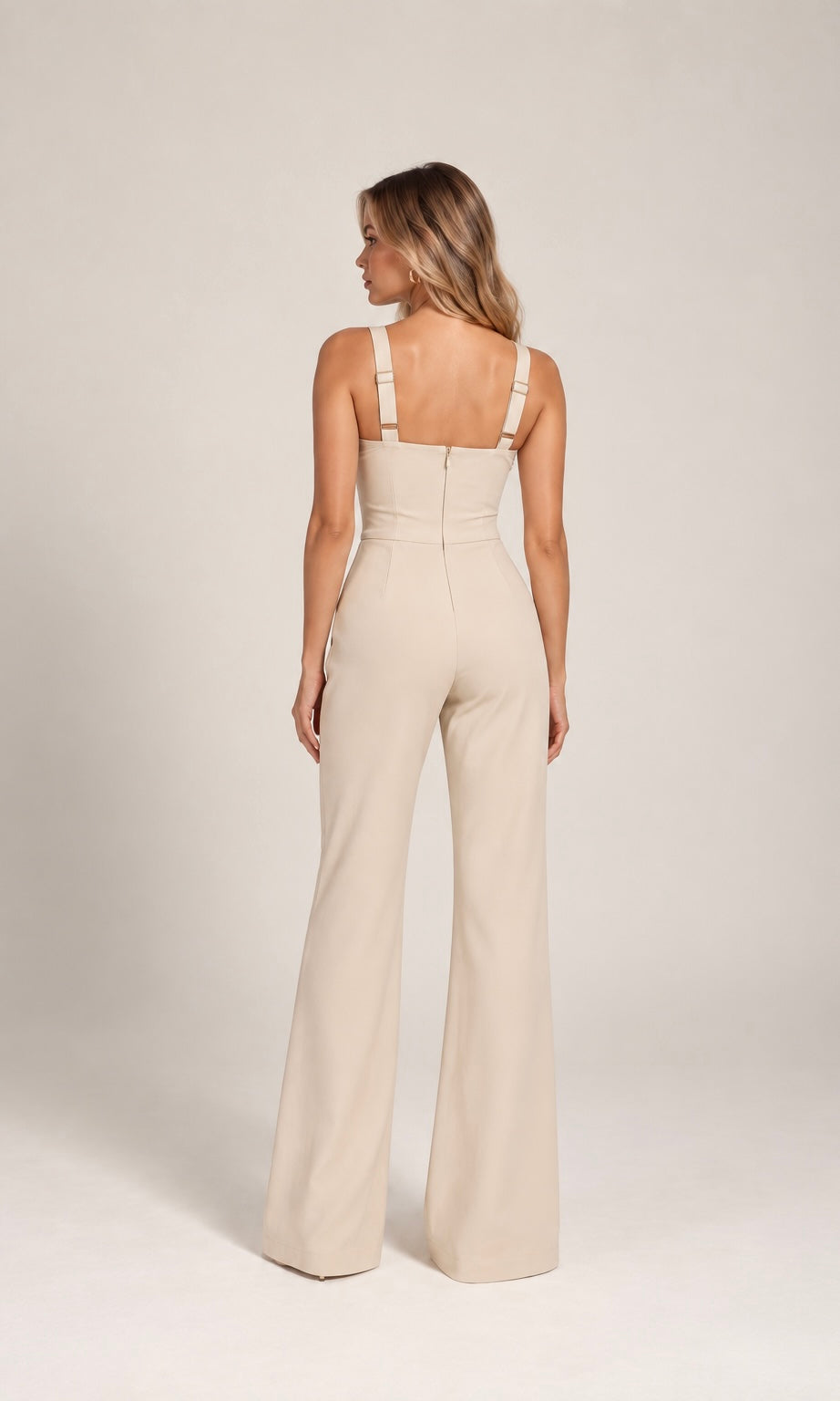 Cream Wide-Leg Jumpsuit with Gold Buckle