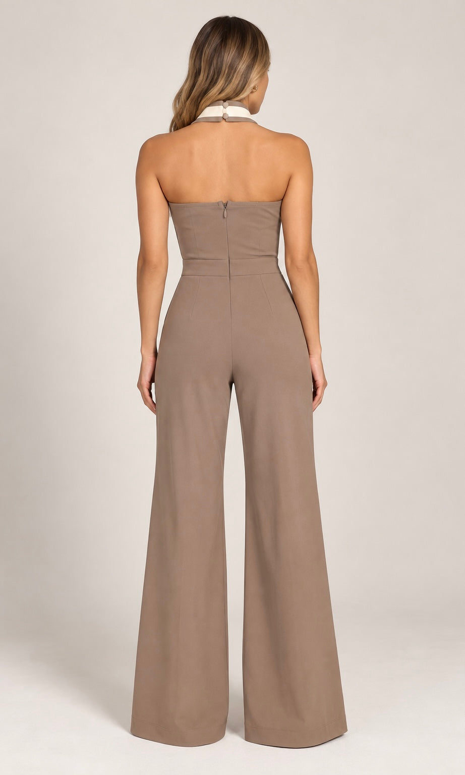 Taupe Halter Jumpsuit with Contrast Trim
