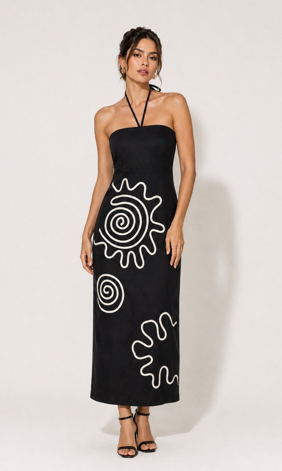 Black Halter Midi Dress with White Graphic Detail