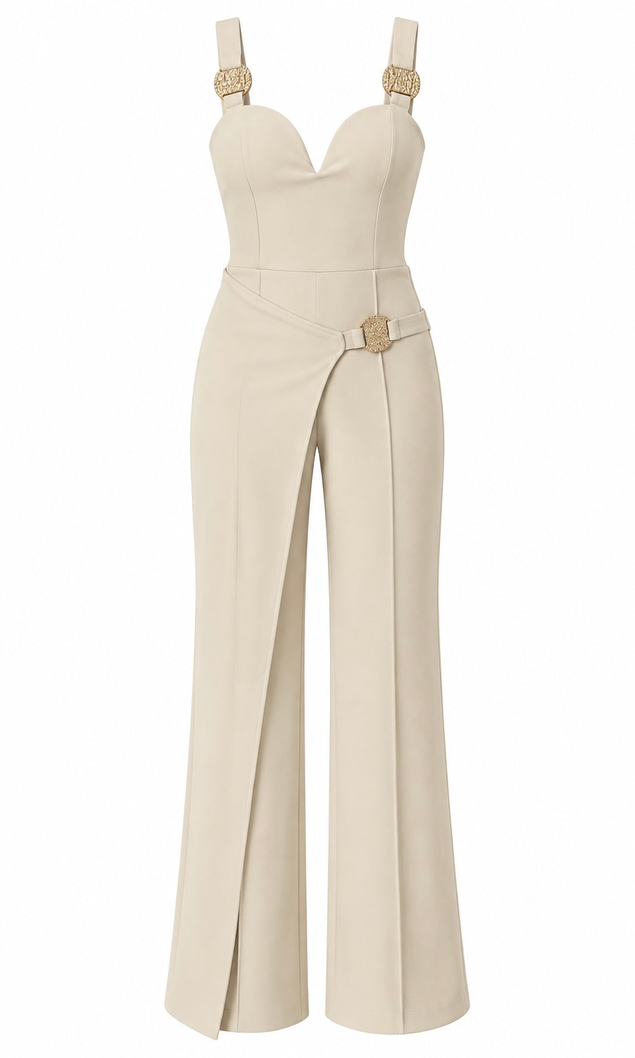 Cream Wide-Leg Jumpsuit with Gold Buckle