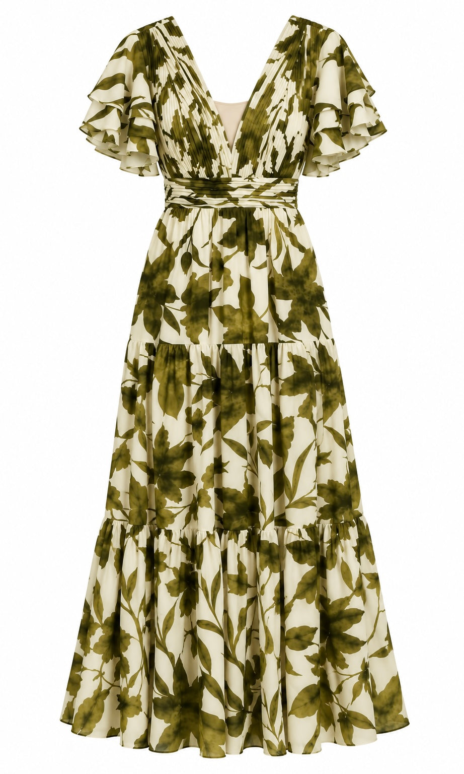 Long Floral Dress with V-Neck and Ruffle Sleeves