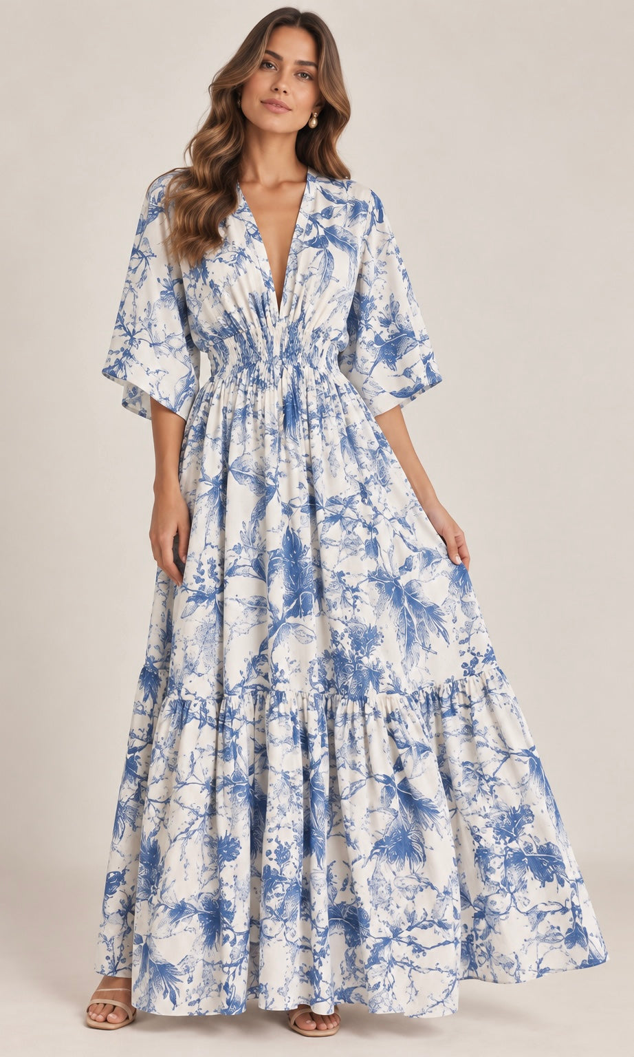Long Floral Dress with V-Neck and 3/4 Sleeves