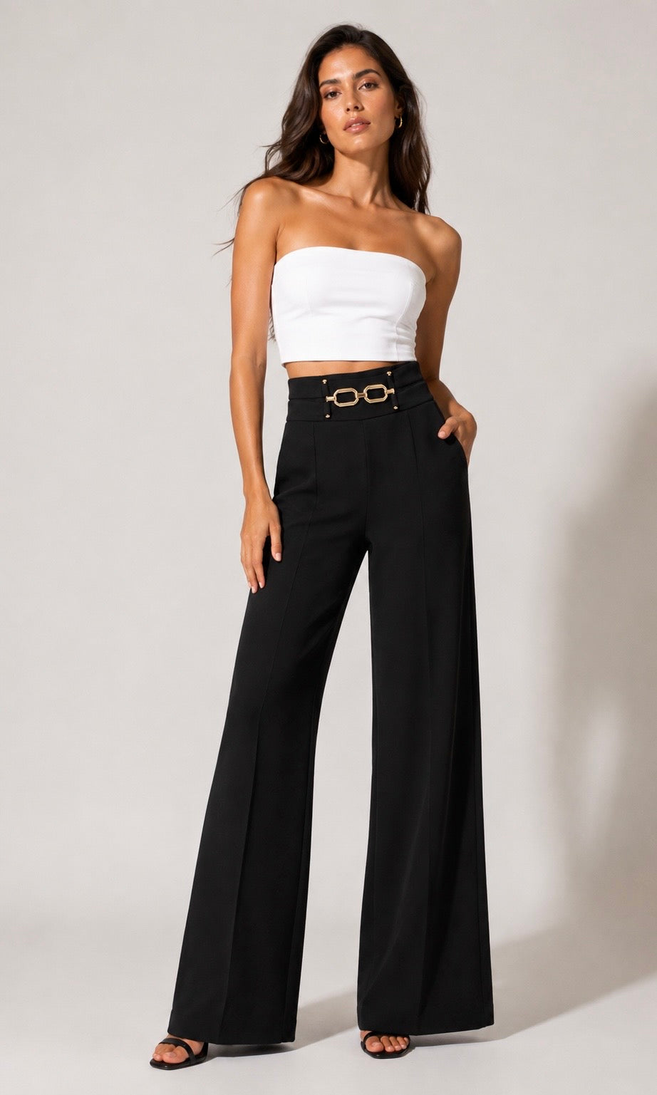 Avery Black Wide-Leg Pants with Gold Buckle