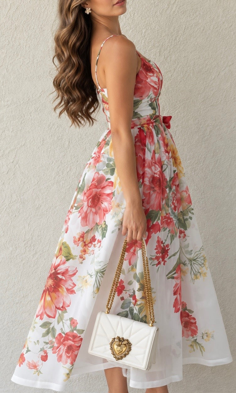 Floral Midi Dress with Straps and Waist Tie