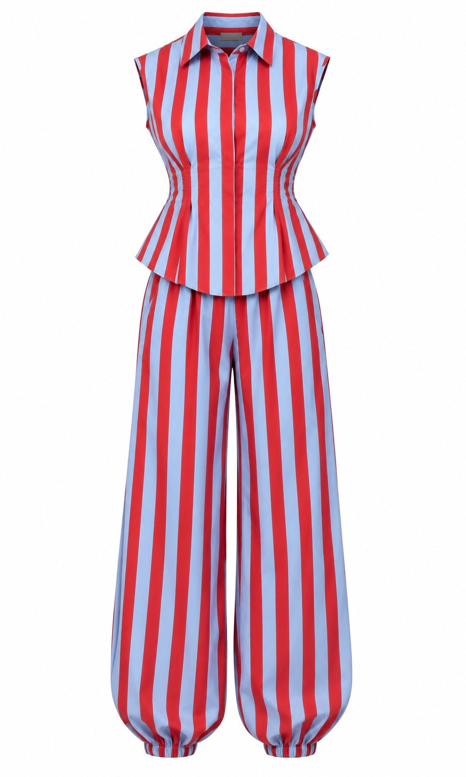 Striped Balloon-Leg Jumpsuit with Collared Top