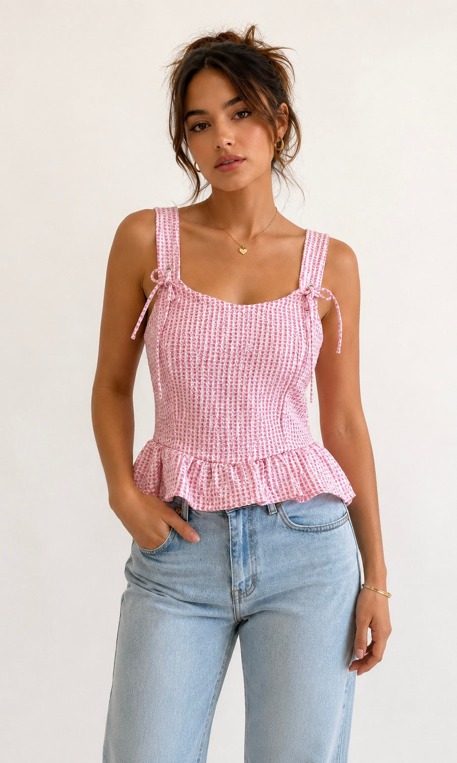 Gingham Peplum Top with Tie Straps